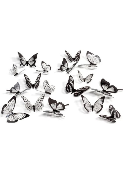 18'li 3D Siyah-Beyaz Simli Kanatlı Kelebek Duvar Stickerleri, Kolay Uygulama fiyatları
