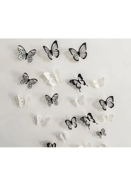 18'li 3D Siyah-Beyaz Simli Kanatlı Kelebek Duvar Stickerleri, Kolay Uygulama fırsatları