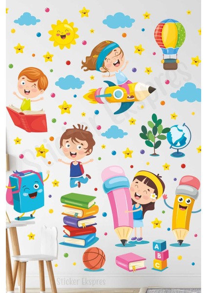 Çocuk Odası Renkli Duvar ve Kapı Sticker Seti, Eğlenceli Dekorasyon Aksesuarları, 5+ Parça