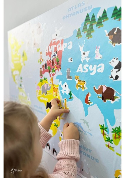 Renkli ve eğlenceli hayvan temalı duvar sticker, çocuk odası için eğitici dekor