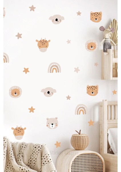 Çocuk odası renkli hayvan ve yıldızlar duvar sticker seti, 5+ parça, eğlenceli tasarım