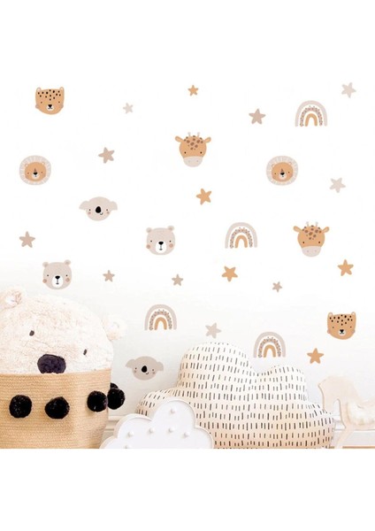 Çocuk odası renkli hayvan ve yıldızlar duvar sticker seti, 5+ parça, eğlenceli tasarım fırsatları