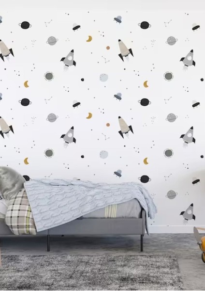 Çocuk odası için renkli uzay temalı duvar stickerı, eğlenceli dekorasyon parçası