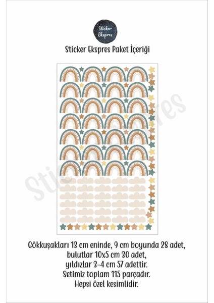 Yeşil kahverengi tonlarda gökkuşağı ve yıldız figürlü duvar çıkartması seti, 5+ parça