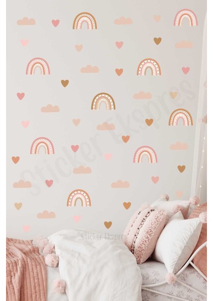 Renkli Gökkuşağı ve Kalpler Çocuk Odası Duvar Sticker, Sevimli Dekorasyon, 5+ Parça