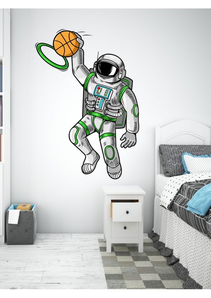 Renkli astronot temalı basketbol ve smaç yapan duvar sticker, çok renkli figür seçeneği