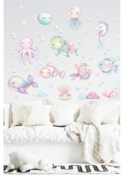 Pastel Renkli Okyanus Temalı Sevimli Balıklar Bebek ve Çocuk Odası Duvar Sticker Seti fiyatları