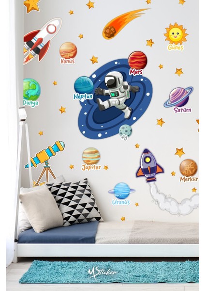 Çocuk odası uzay temalı renkli sticker seti, 5+ parçalı, çok renkli, eğlenceli desenler