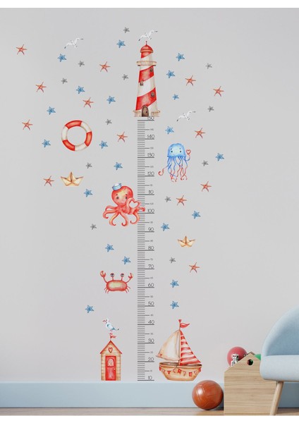 Renkli deniz teması ahtapot ve tekne dekor sticker seti, şeffaf ve 5+ parça
