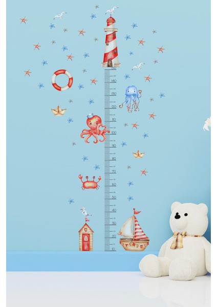 Renkli deniz teması ahtapot ve tekne dekor sticker seti, şeffaf ve 5+ parça modelleri