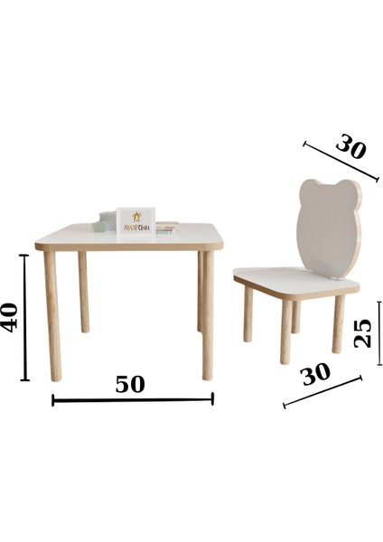 Ahşap Okulu Oyun Aktivite Masası - Etkinlik Masası - Çocuk Ders Çalışma Masası-Çocuk Kare Masa 50 x 50 ve 1 Adet Panda Sandalye