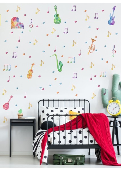 Renkli müzik temalı çocuk duvar aynası ve kapı sticker seti, 5+ parça, turuncu