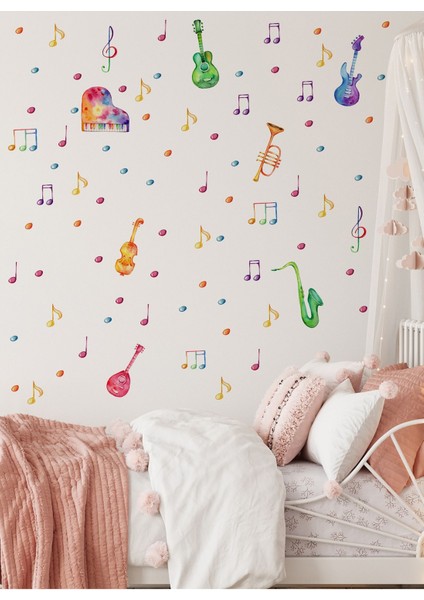 Renkli müzik temalı çocuk duvar aynası ve kapı sticker seti, 5+ parça, turuncu