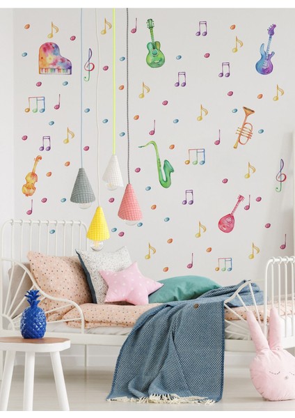 Renkli müzik temalı çocuk duvar aynası ve kapı sticker seti, 5+ parça, turuncu