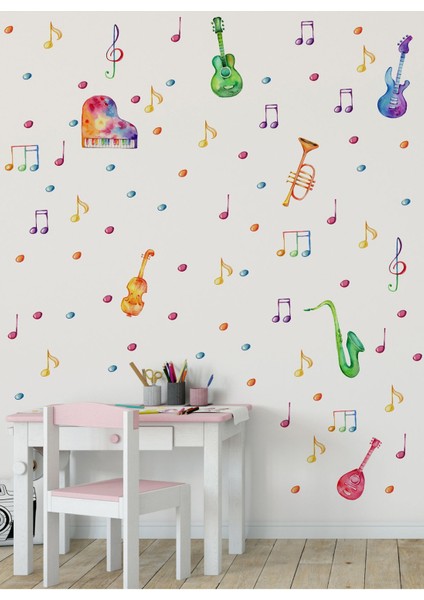 Renkli müzik temalı çocuk duvar aynası ve kapı sticker seti, 5+ parça, turuncu