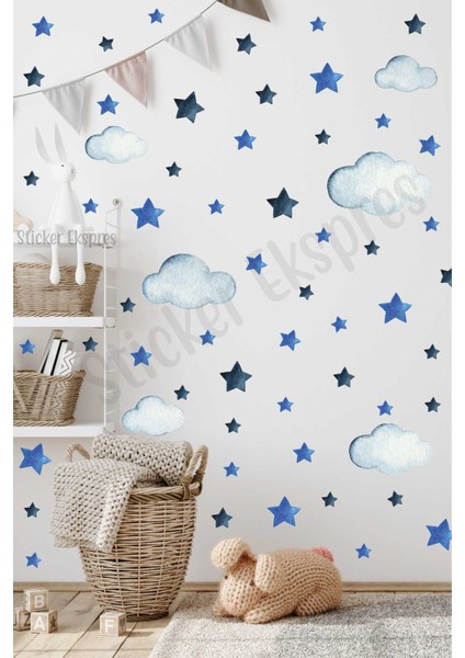 Çocuk odası için renkli bulut ve yıldız temalı duvar çıkartması, 5+ parça, şık dekor