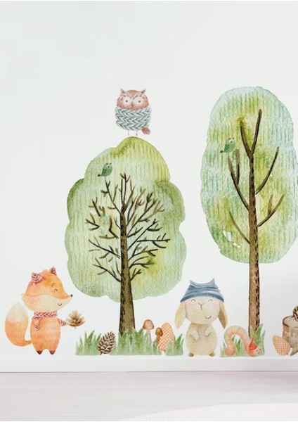 Çocuk Odası Renkli Tavşan ve Orman Arkadaşları Duvar Stickerı, 1 Parça