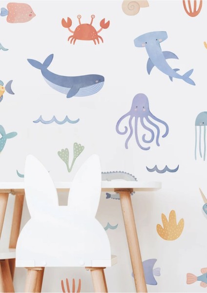 Renkli Okyanus Canlıları Çocuk Odası Duvar Stickerı, Eğlenceli ve Canlı Dekorasyon Parça