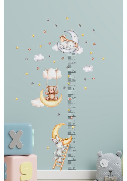 Çocuk odası temalı boy ölçer ve duvar sticker seti, hayvan desenli, turuncu, 5+ parça