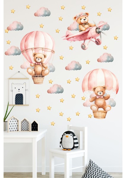 Sevimli Ayıcıklar ve Bulutlar ile Pembe Uçak Duvar Sticker, Bebek ve Çocuk Odası Dekoru