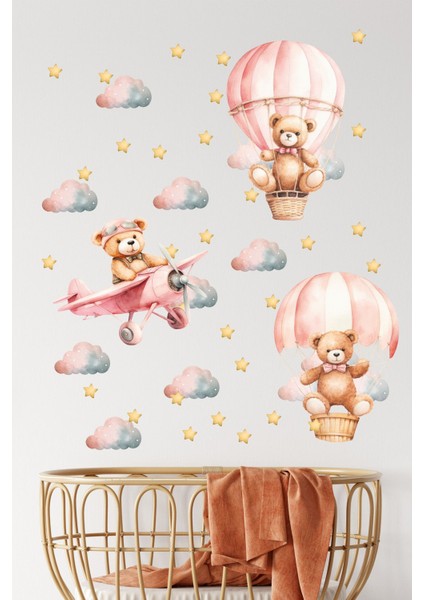 Sevimli Ayıcıklar ve Bulutlar ile Pembe Uçak Duvar Sticker, Bebek ve Çocuk Odası Dekoru fiyatları