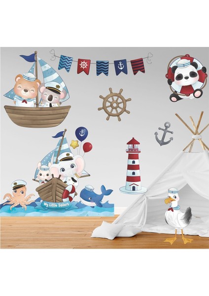 Çocuk odası deniz temalı renkli duvar sticker seti, 8 parça, hayvan desenli, 100x100 cm