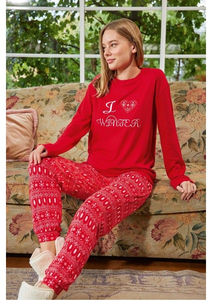 Aydoğan Kadın Uzun Kollu Termal Pijama Takımı I Love Winter Desenli