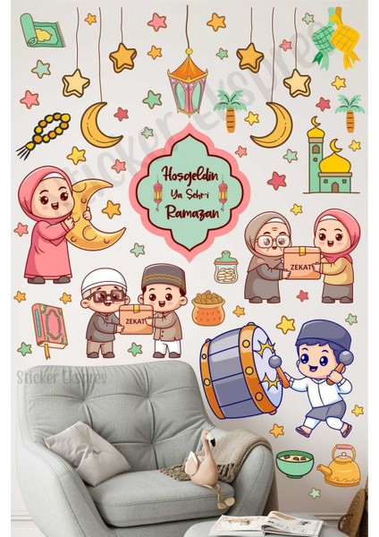 Çocuklar İçin Ramazan Temalı Renkli Cam ve Kapı Sticker Seti, 5+ Parça, Figür Dekorasyon