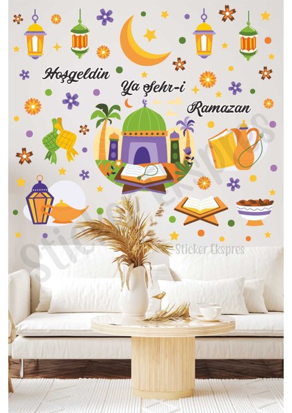 Cam ve Ramazan temalı 5+ parça çok renkli duvar ve kapı sticker seti