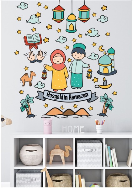 Renkli Ramazan Temalı Cam Sticker Seti, Cami ve Ramazan Figürleri Dekorasyon