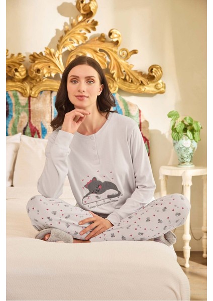 Aydoğan Kadın Uzun Kollu Termal Pijama Takımı Kedi Desenli