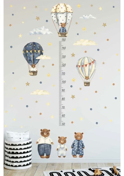 Boy Ölçer Ayıcıklı Uçan Balonlar Boy Cetveli Çocuk Odası Duvar Sticker Seti