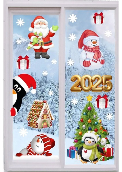 Yılbaşı Sticker 2025 Figürleri Noel Baba ve Geyik ve Kartanesi Pencere Duvar
