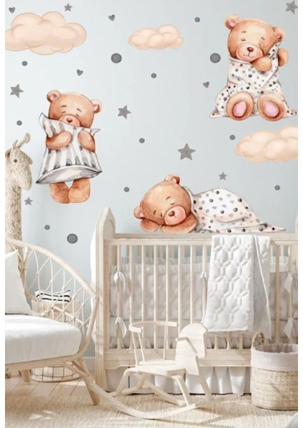 3'lü Uyuyan Ayıcık Bulutlar ve Yıldızlar Çocuk Bebek Odası Sticker Seti