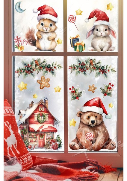 Sevimli Hayvanlar Yılbaşı Sevinci Yılbaşı Sticker Ormanda Kış Kutlaması Sticker Seti Yılbaşı Süsü