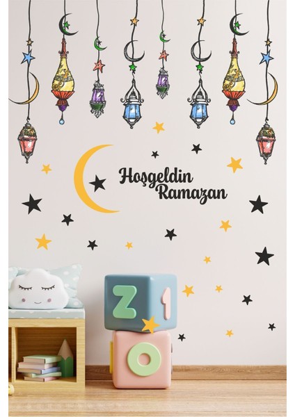 Hoşgeldin Ramazan Renkli Fener Sarkıt Cam Duvar Dekorasyon Sticker Çıkartma Seti Ramazan Süsleri
