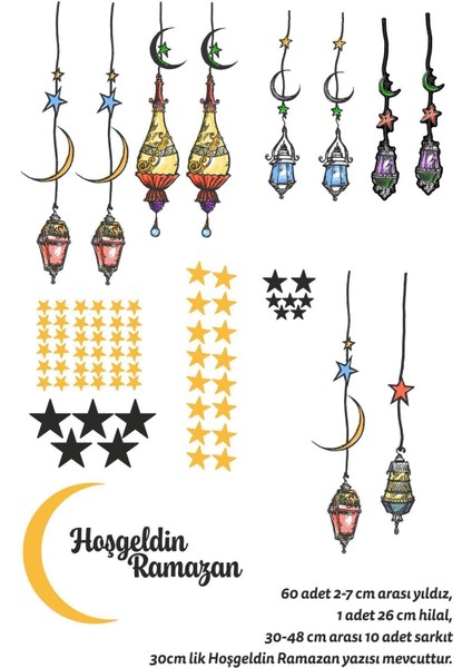 Hoşgeldin Ramazan Renkli Fener Sarkıt Cam Duvar Dekorasyon Sticker Çıkartma Seti Ramazan Süsleri modelleri
