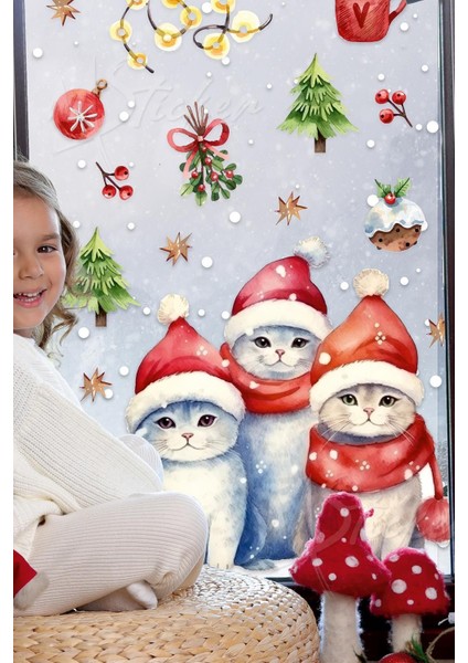 Sevimli Kedi Temalı Renkli Cam Duvar Sticker Seti, Kış ve Yılbaşı Dekorasyonu