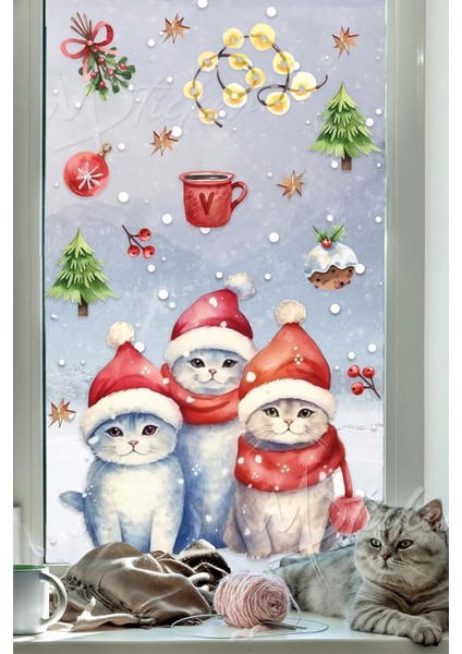 Sevimli Kedi Temalı Renkli Cam Duvar Sticker Seti, Kış ve Yılbaşı Dekorasyonu fiyatları