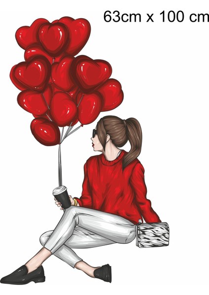 Kırmızı Kalpli Balonlu Kız Duvar Sticker, Sevgililer Günü Dekoru, 63x100 cm