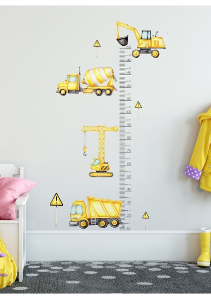 Renkli İş Makinesi Temalı Çocuk Boy Ölçer Duvar ve Kapı Stickeri, 5+ Parça