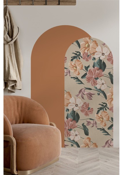Çiçek Desenli Bohem Oval Duvar Sticker, Taba Renk, Salon ve Oturma Odası için Şık Dekor