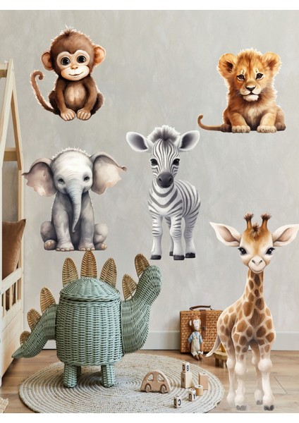 Renkli Çocuk Odası Safari Hayvanları Cam ve Duvar Stickerleri Seti