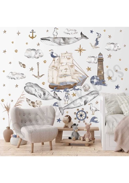 Çocuk odası denizci temalı pastel renkli duvar sticker seti, 5+ parça, renkli figürler fiyatları