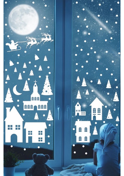 Şehir ve doğa manzaralı renkli cam sticker, yılbaşı dekorasyonu için şık ve ideal