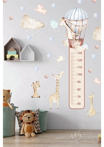Renkli Çocuk Temalı Zürafa Boy Cetveli ve Sticker Seti, Eğlenceli ve Sevimli Tasarım