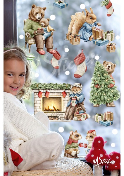 Kış temalı sevimli ayı ve arkadaşları sticker seti, çok renkli, çocuk desenli, 5+ parça