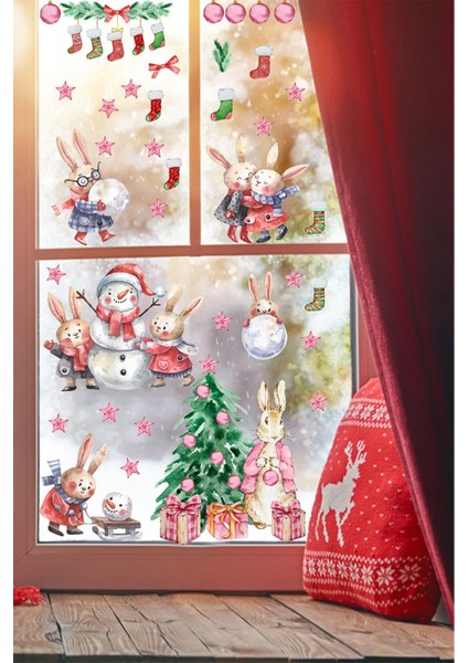 Rengarenk Tavşanlar ve Kardan Adamlar 3D Pencere-Duvar Süsleri Seti modelleri