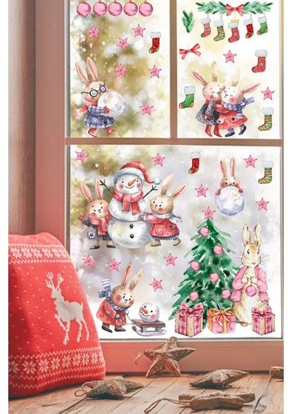 Rengarenk Tavşanlar ve Kardan Adamlar 3D Pencere-Duvar Süsleri Seti fırsatları