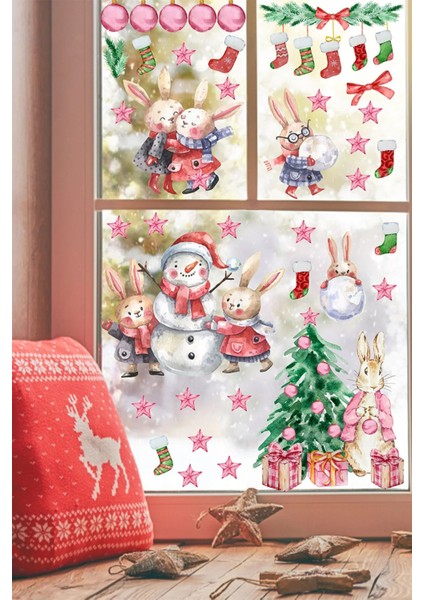 Rengarenk Tavşanlar ve Kardan Adamlar 3D Pencere-Duvar Süsleri Seti indirimleri